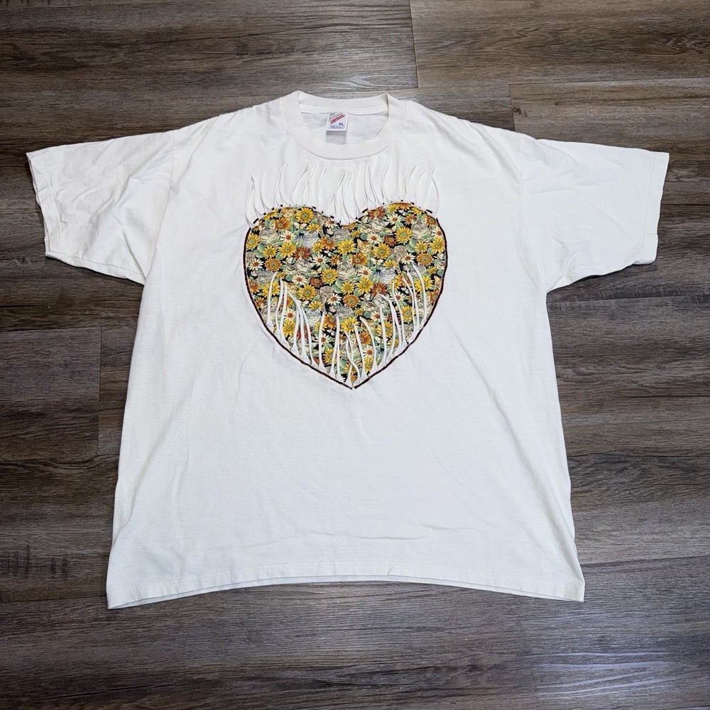 VTG Jerzees Tag White Crewneck Shirt Womens XL Cutout w/Hearts Cats Flowers USA